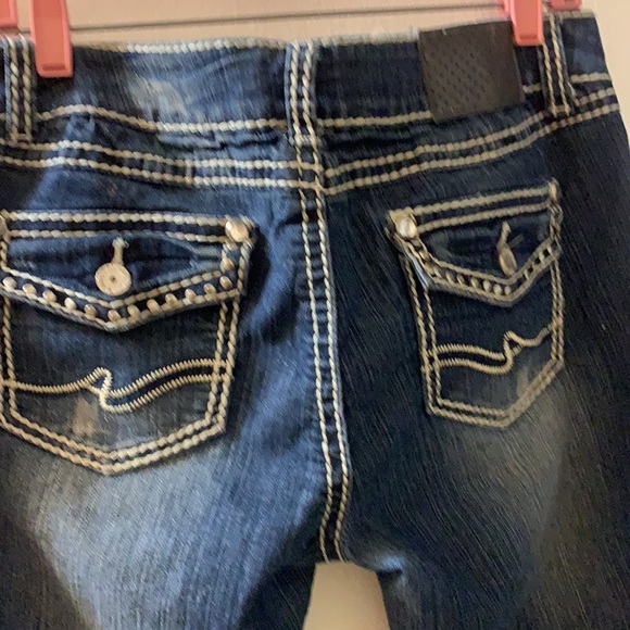 Y2K ALMOST FAMOUS CAPRIS BLUE JEANS 13 DISTRESSED CROPPED BLING STITCHING DENIM - Picture 3 of 13